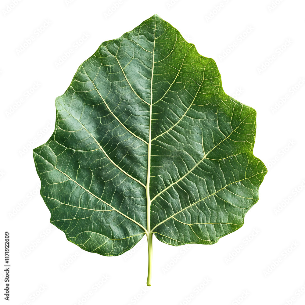 Fototapeta premium Single Green Leaf with Visible Veins Isolated on Transparent Background