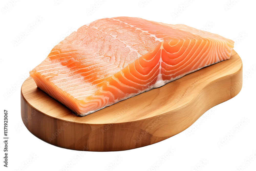slice of raw salmon on wooden board isolated white or transparent background slice of raw salmon on wooden board isolated white or transparent background