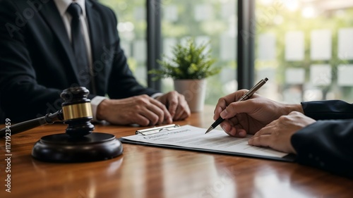 Hands signing a professional business contract in a lawyer's office, gavel symbolizing justice and law, legal paperwork on a desk - formal consultation with natural light and greenery visible through 