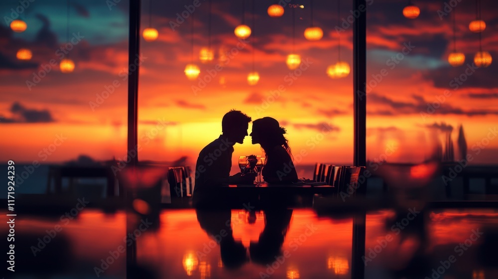 Fototapeta premium A romantic dinner unfolds as a couple shares laughter and love, bathed in the warm glow of a breathtaking sunset.