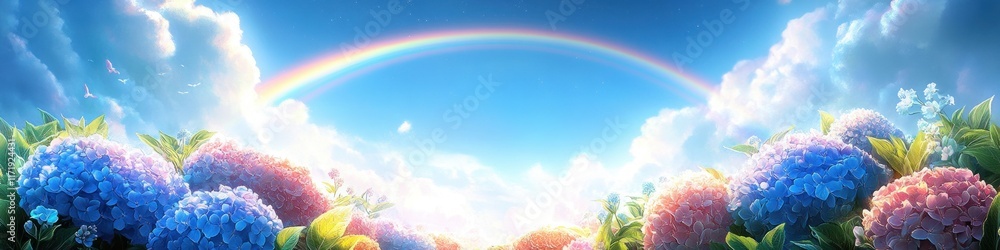 Rainbow Over Blooming Hydrangeas in Blue Sky Landscape Rainbow Over Blooming Hydrangeas in Blue Sky Landscape