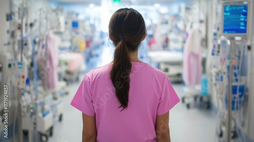 A nurse in pink scrubs is seen walking through a busy patient care area, tending to patients and collaborating with medical staff during the day Free Download A nurse in pink scrubs is seen walking through a busy patient care area, tending to patients and collaborating with medical staff during the day - GFXLoad