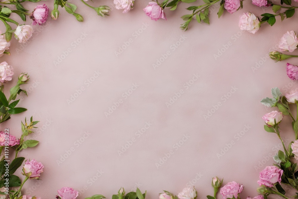 Fototapeta premium A delicate pink flower frame adorned with lush green leaves, creating a romantic setting perfect for celebrating love on Valentine's Day.