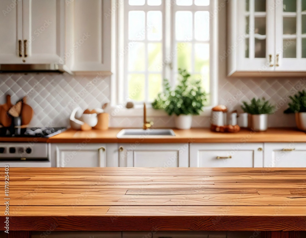 A wooden countertop in a kitchen with white cabinets, featuring a A wooden countertop in a kitchen with white cabinets, featuring a