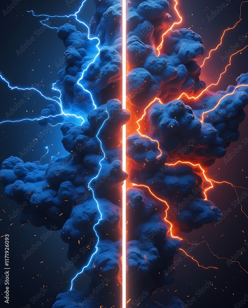 Obraz premium A clash of energy with blue and red lightning colliding in a stormy sky, vibrant electric bursts and glowing sparks creating a dramatic balance of opposing forces, symbolizing power and duality