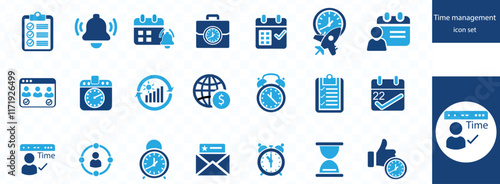 Time management icon set. Containing schedule, to-do list, task, manage time, planner, calendar, delegation, reminder, timer, set priorities and more.