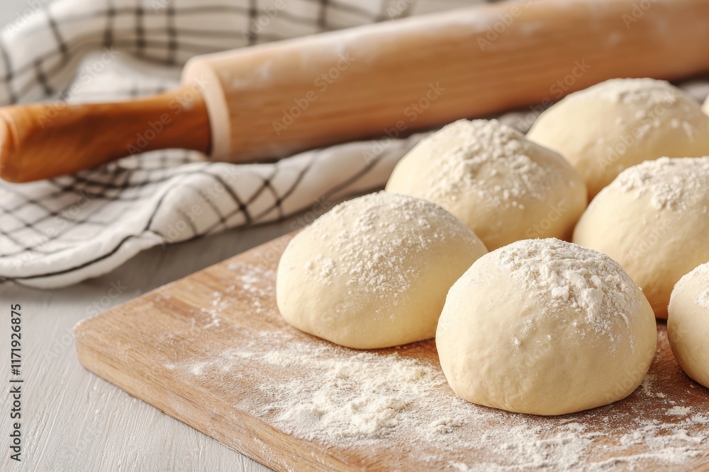 Freshly prepared dough balls dusted with flour on a wooden board in a rustic kitchen Freshly prepared dough balls dusted with flour on a wooden board in a rustic kitchen
