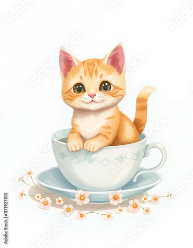 there is a cat sitting in a teacup with flowers on the side. photo