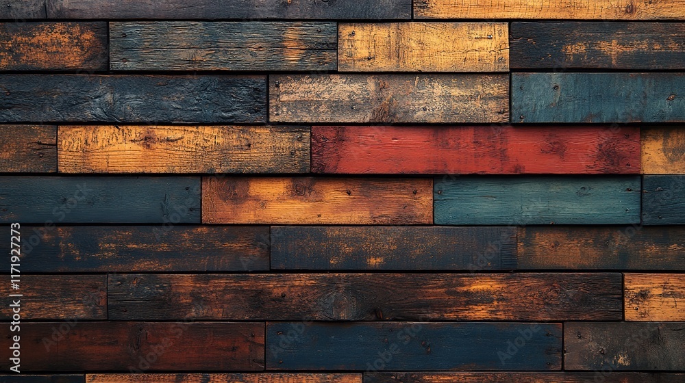 Colorful reclaimed wood planks arranged in a brick pattern. Colorful reclaimed wood planks arranged in a brick pattern.
