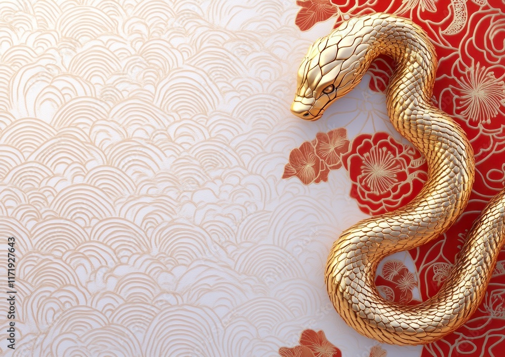 Obraz premium Golden snake figurine on red floral background.