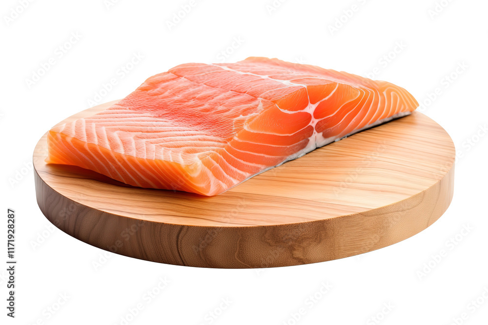 slice of raw salmon on wooden board isolated white or transparent background slice of raw salmon on wooden board isolated white or transparent background
