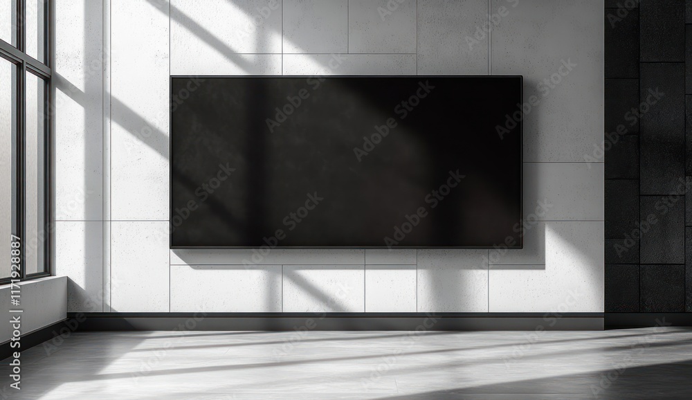 Fototapeta premium Minimalist Black Screen on White Wall with Geometric Shadows and Natural Light in Modern Scandinavian Architecture