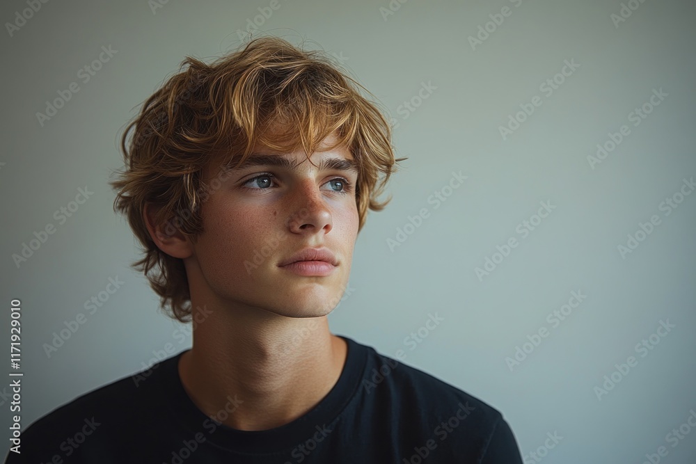 Young Man Portrait in Black T-Shirt Emphasizing Tranquility and Simplicity Young Man Portrait in Black T-Shirt Emphasizing Tranquility and Simplicity