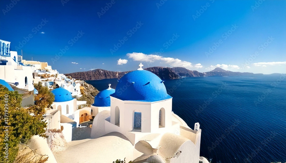 Fototapeta premium Greek church with three blue domes in the village of Oia, Santorini 