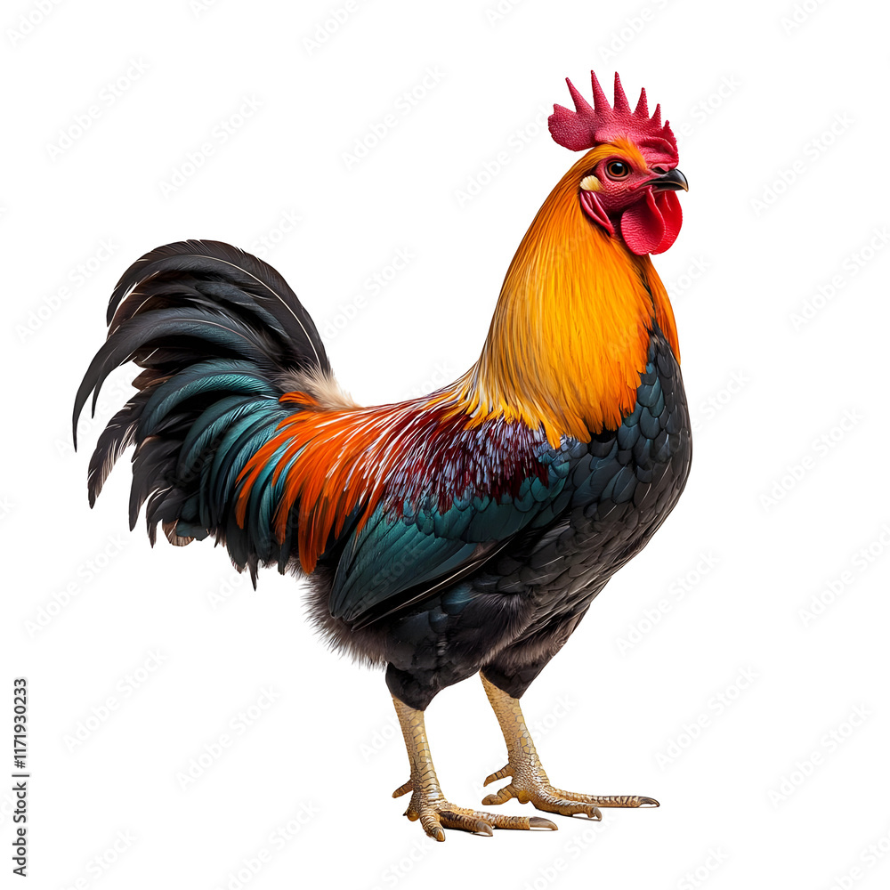 Fototapeta premium Rooster with a Colorful Plumage Isolated on a White Background