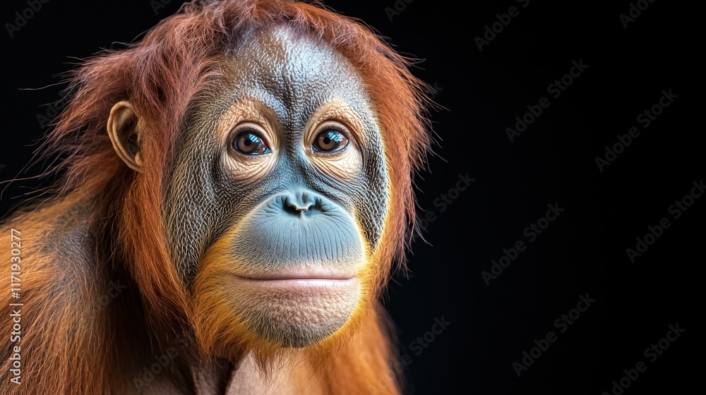 Closeup image showcasing the wrinkled, wise face of an aging orangutan, with deep set eyes and a prominent nose, set against a stark black background. Closeup image showcasing the wrinkled, wise face of an aging orangutan, with deep set eyes and a prominent nose, set against a stark black background.