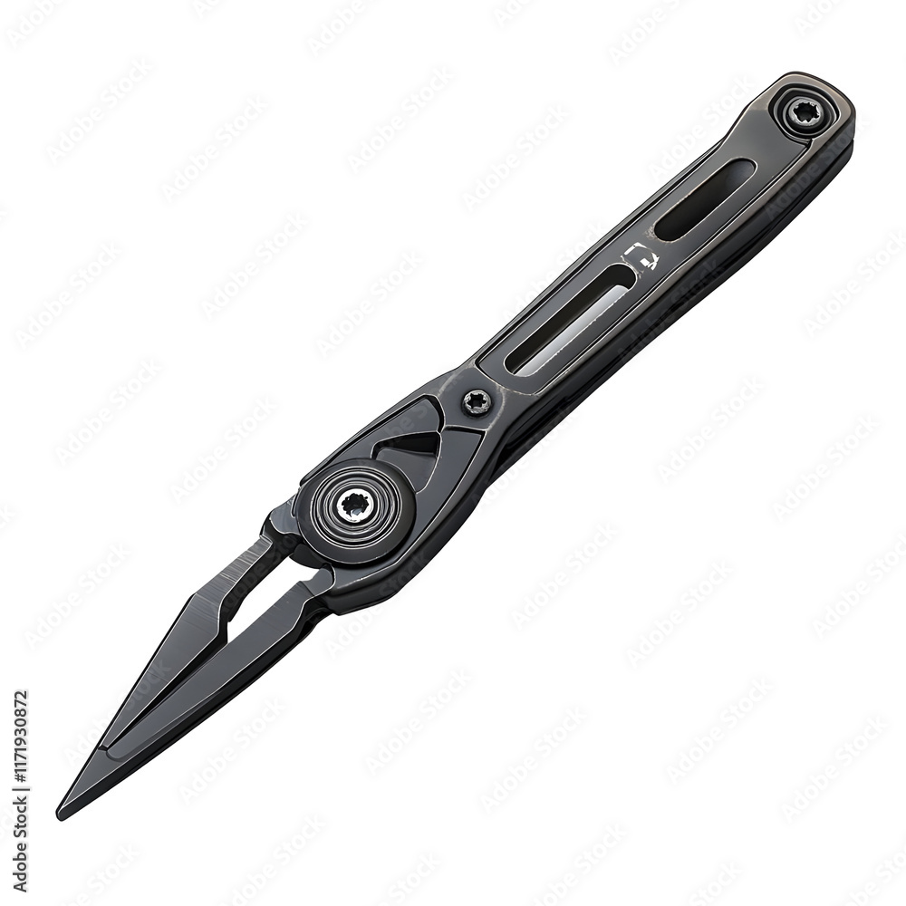 Black multi-tool pliers with a sharp pointed tip isolated on transparent background. Black multi-tool pliers with a sharp pointed tip isolated on transparent background.