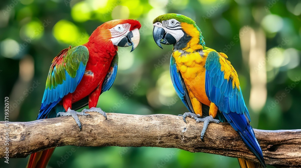 Colorful parrot lush green background, symbolizing nature and companionship Colorful parrot lush green background, symbolizing nature and companionship