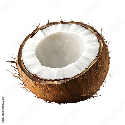 Half a coconut with white flesh isolated on a transparent background