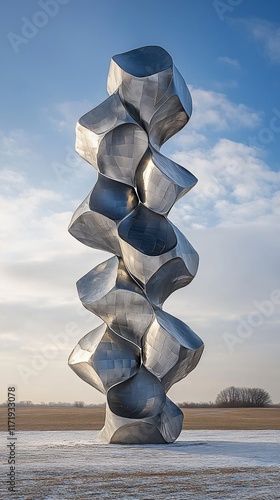 Abstract stainless steel sculpture outdoors in winter.