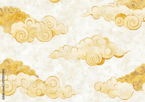 Golden swirling clouds seamless pattern on textured background.