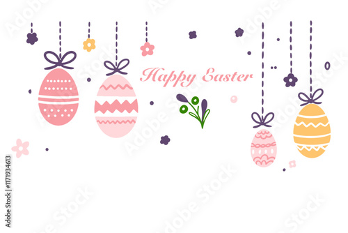 Set of cute Easter characters and elements. Easter bunny, chicks, eggs and flowers. Vector illustration.