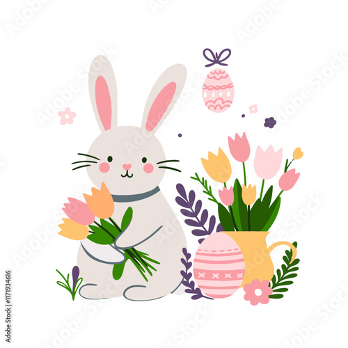Set of cute Easter characters and elements. Easter bunny, chicks, eggs and flowers. Vector illustration.