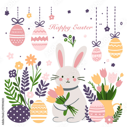 Set of cute Easter characters and elements. Easter bunny, chicks, eggs and flowers. Vector illustration.