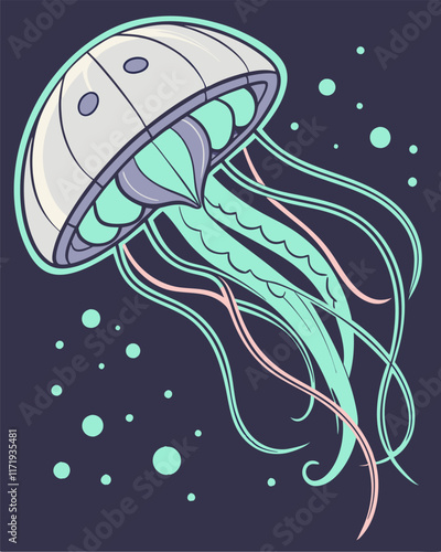 Pastel Jellyfish Illustration - Intricate Design, Teal & Pink.