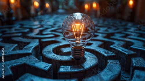 Illuminated light bulb in a mystical labyrinth enigmatic atmosphere digital art dark environment creative perspective photo