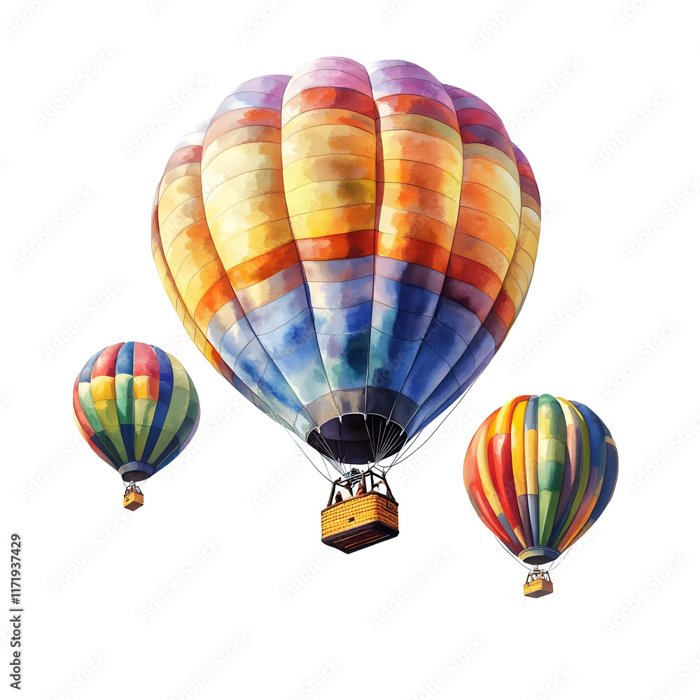 Fototapeta premium Watercolor Painting of Colorful Hot Air Balloons Flying in the Sky with Clouds, Isolated on Transparent Background.