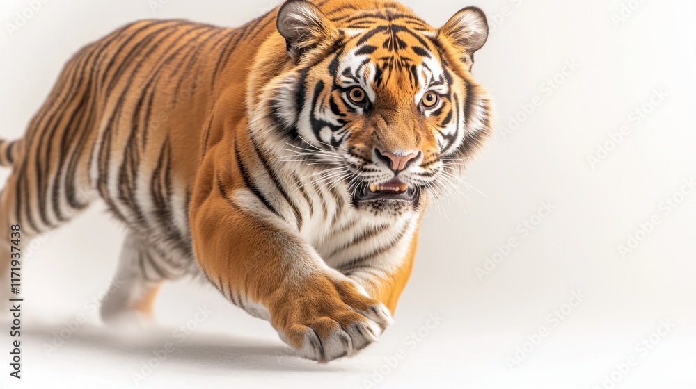 Obraz premium A majestic tiger with vibrant orange fur and piercing eyes can be seen growling fiercely on a pristine white studio background, showcasing its power and dominance in the animal kingdom.
