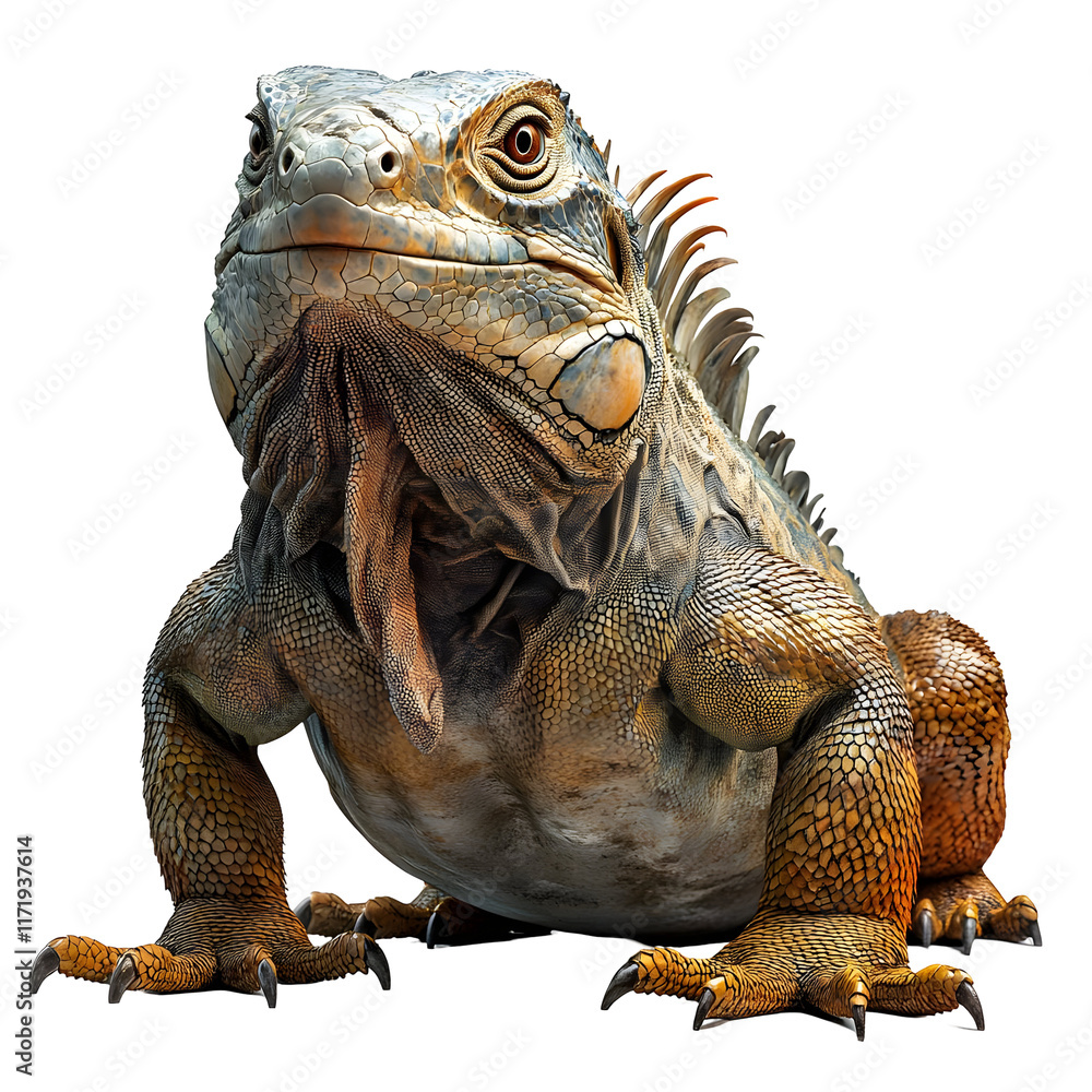 Obraz premium Green Iguana Lizard Sitting with Claws Out Isolated on a Transparent Background.
