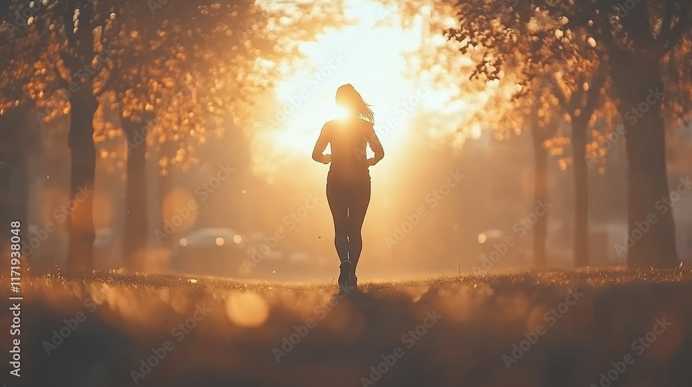 Fototapeta premium Woman jogging at sunset in park.