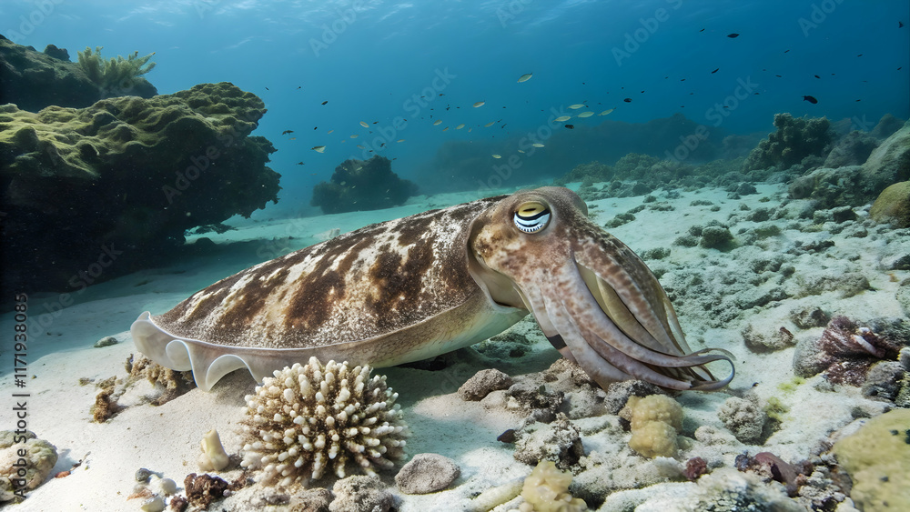 Fototapeta premium Close-up of a Colorful Cuttlefish Swimming in Coral Reef Environment