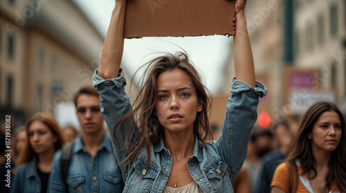 Portrait einer engagierten jungen Frau bei Protesten: Stimme der Veränderung unterwegs auf den Straßen photo