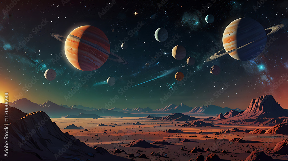 Naklejka premium Extraterrestrial Landscapes, Planets, Asteroid, Moon, Craters Space Illustration Set