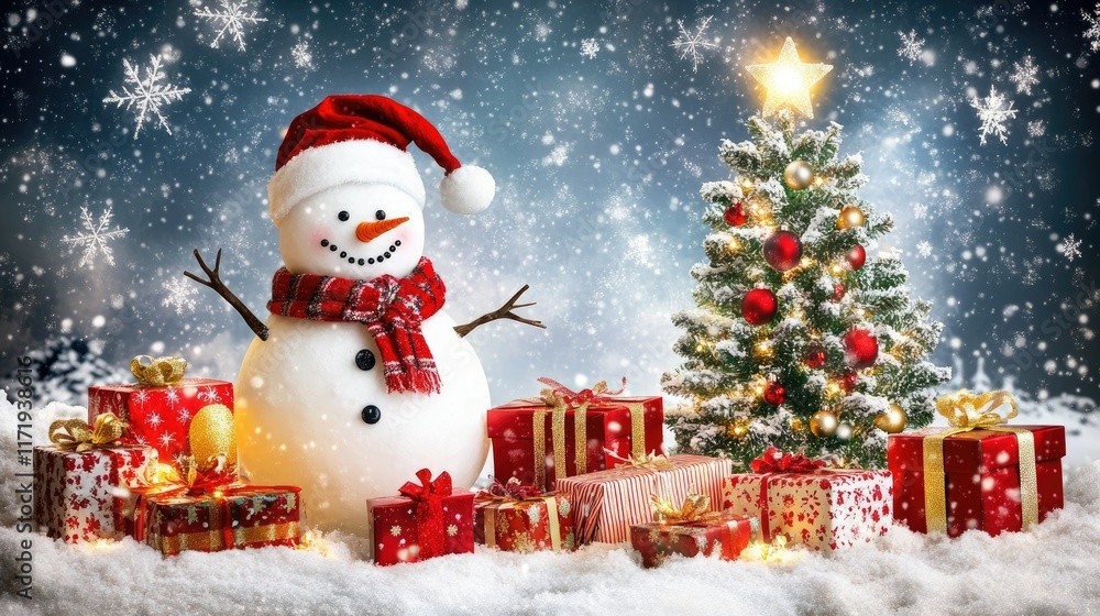 A cheerful snowman surrounded by gift boxes and a glowing Christmas tree, set in a snowy landscape under a starry winter sky A cheerful snowman surrounded by gift boxes and a glowing Christmas tree, set in a snowy landscape under a starry winter sky