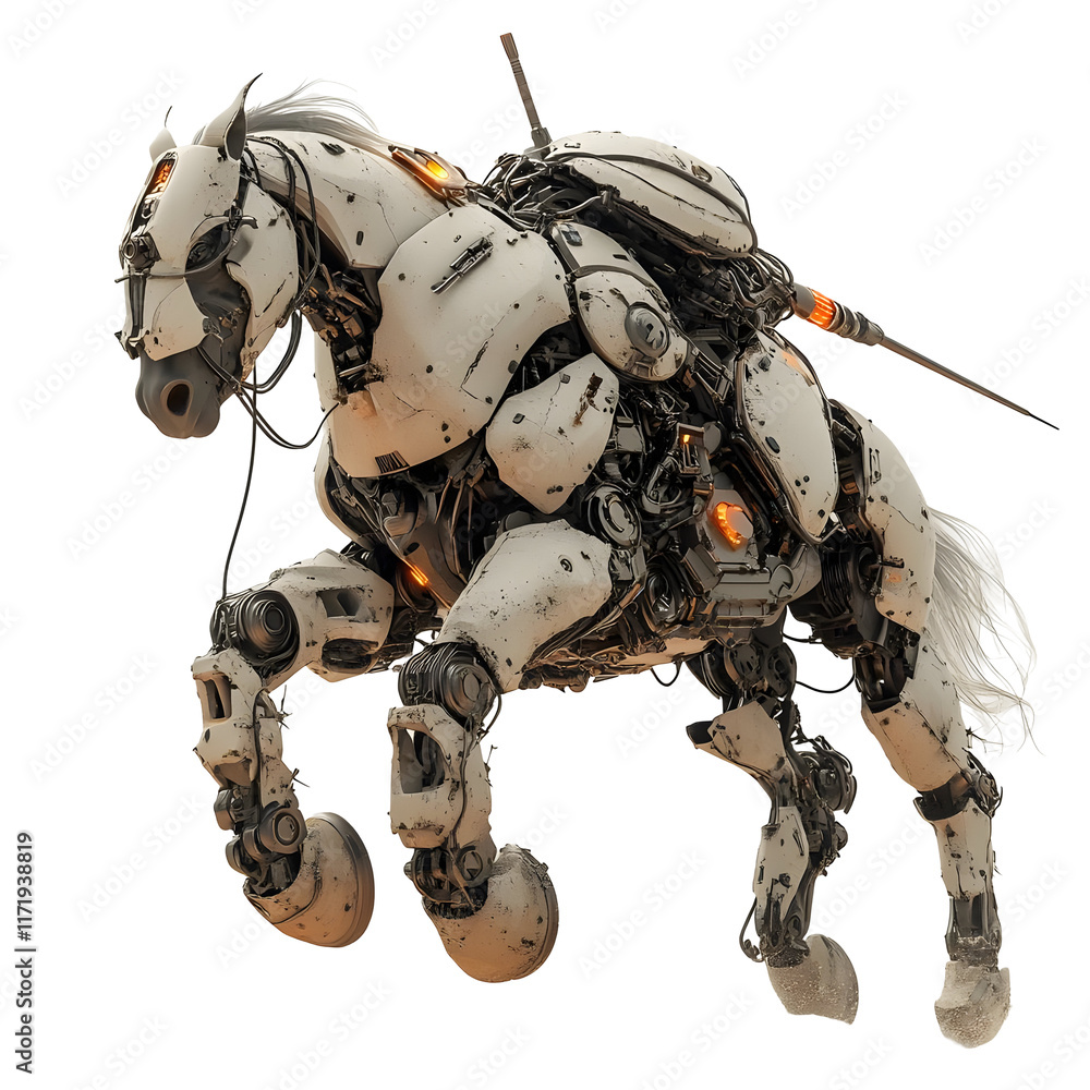 A mechanical horse with a white body and orange lights, running on a sandy surface isolated on transparent background. A mechanical horse with a white body and orange lights, running on a sandy surface isolated on transparent background.