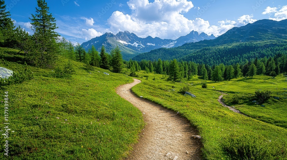 custom made wallpaper toronto digital[hiking navigation trails wayfinding] Mountain Trail Winding Through Lush Greenery at Dawn/Dusk, Adventure and Serenity in Nature