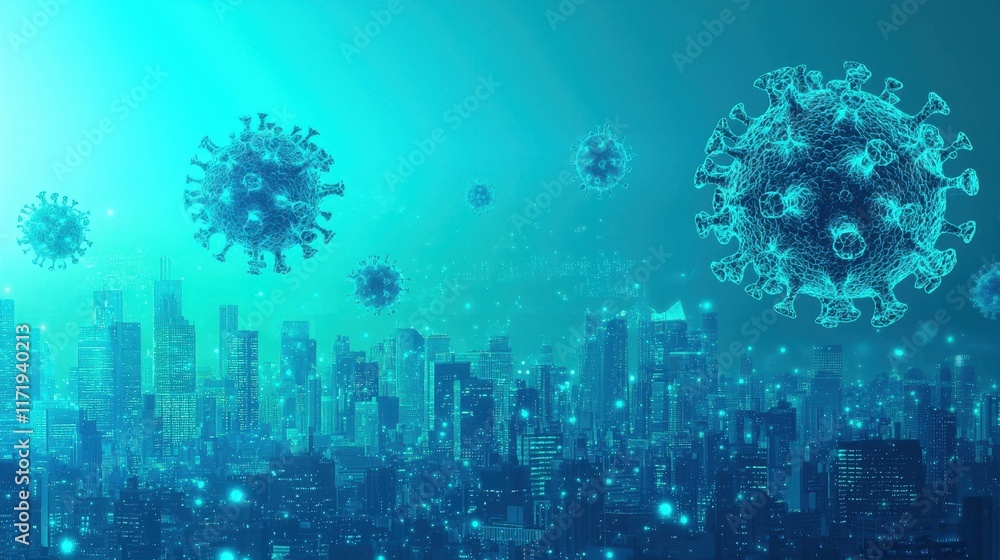 Obraz premium Impact of covid-19 on urban life cityscape digital art futuristic environment aerial view viral concept