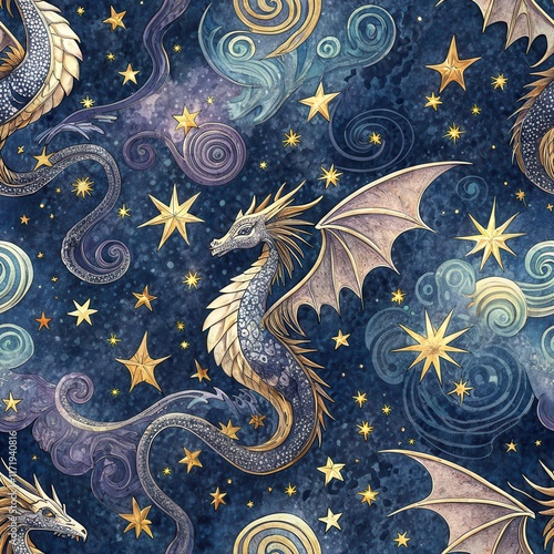 Fantasy dragons and stars: enchanting dreamscape pattern with celestial imagery photo