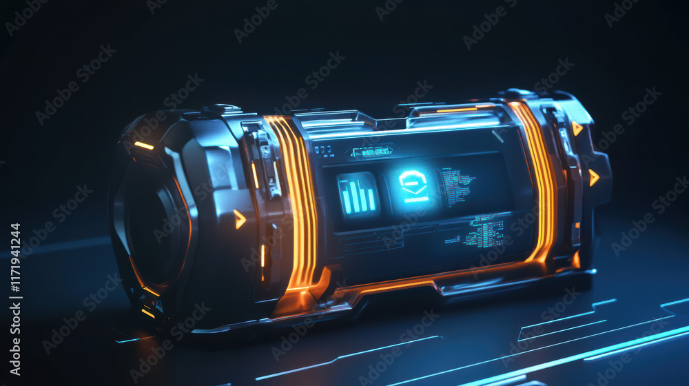 Naklejka premium Futuristic battery design with digital elements and glowing accents, showcasing advanced technology and innovation. Ideal for sci fi and tech themed projects