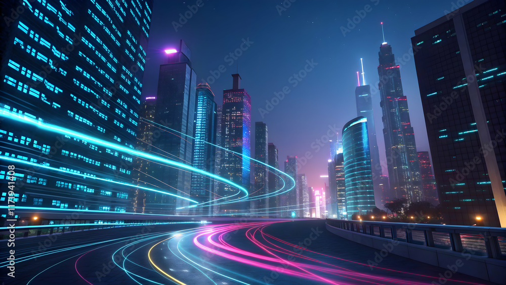 Fototapeta premium Vibrant Cityscape at Night with Dynamic Light Trails and Skyscrapers