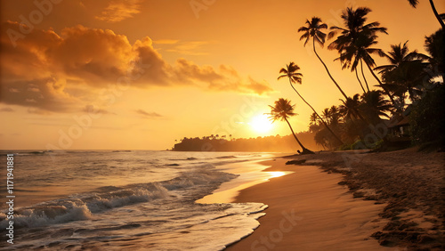 Tropical Sunset Over Serene Beach with Palm Trees and Waves