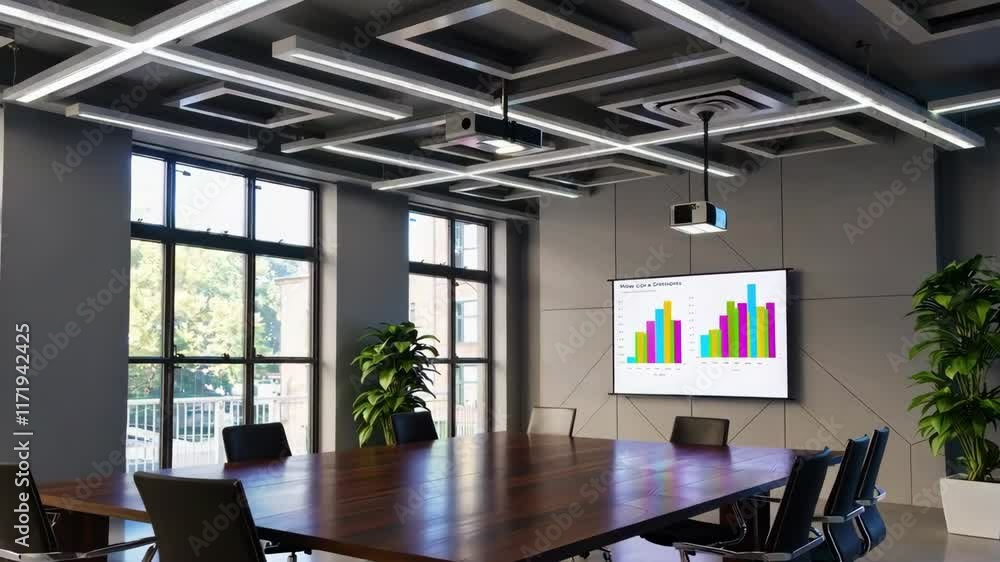 Modern Conference Room Scene with Projector and Data Presentation Footage Modern Conference Room Scene with Projector and Data Presentation Footage
