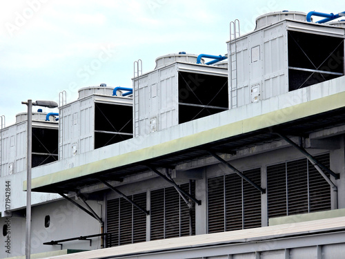 Water cooling tower HVAC air conditioning large industrial building.
