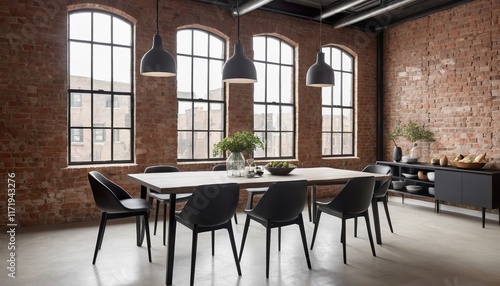 Modern dining room with exposed brick walls, large windows, and a long wooden table with black chairs.