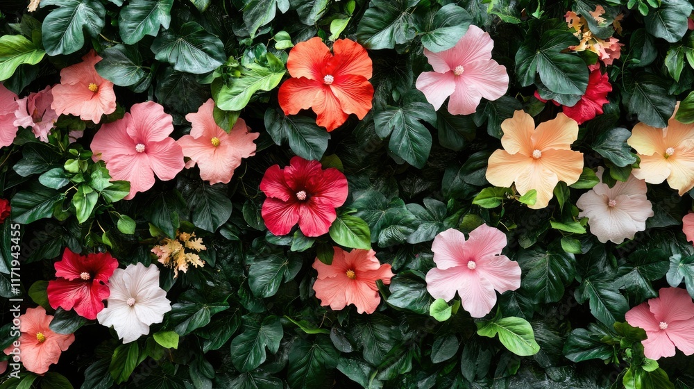 A full-frame view of colorful hibiscus flowers with intertwined green foliage, forming a natural textured background A full-frame view of colorful hibiscus flowers with intertwined green foliage, forming a natural textured background