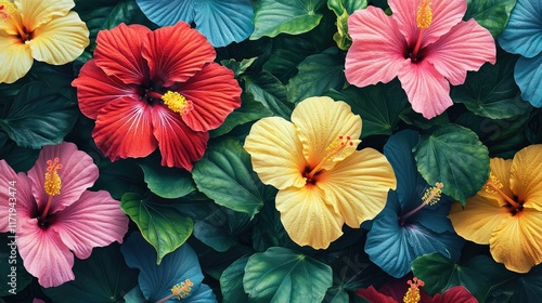 Wallpaper Mural A full-frame view of colorful hibiscus flowers with intertwined green foliage, forming a natural textured background Torontodigital.ca